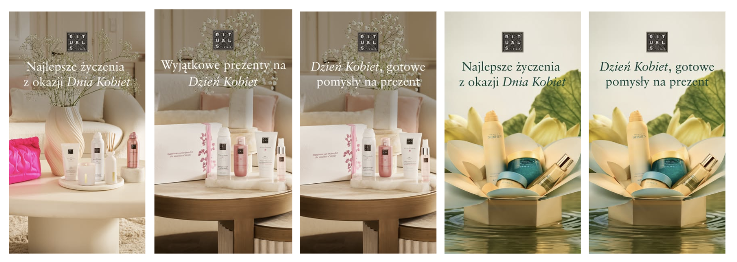 Przykłady podobnych kreacji reklamowych na Dzień Kobiet, które pokazują, że zmiana zdjęcia produktu lub nagłówka nie zawsze oznacza realny test — jeśli przekaz, kontekst i konstrukcja reklamy pozostają prawie takie same.
