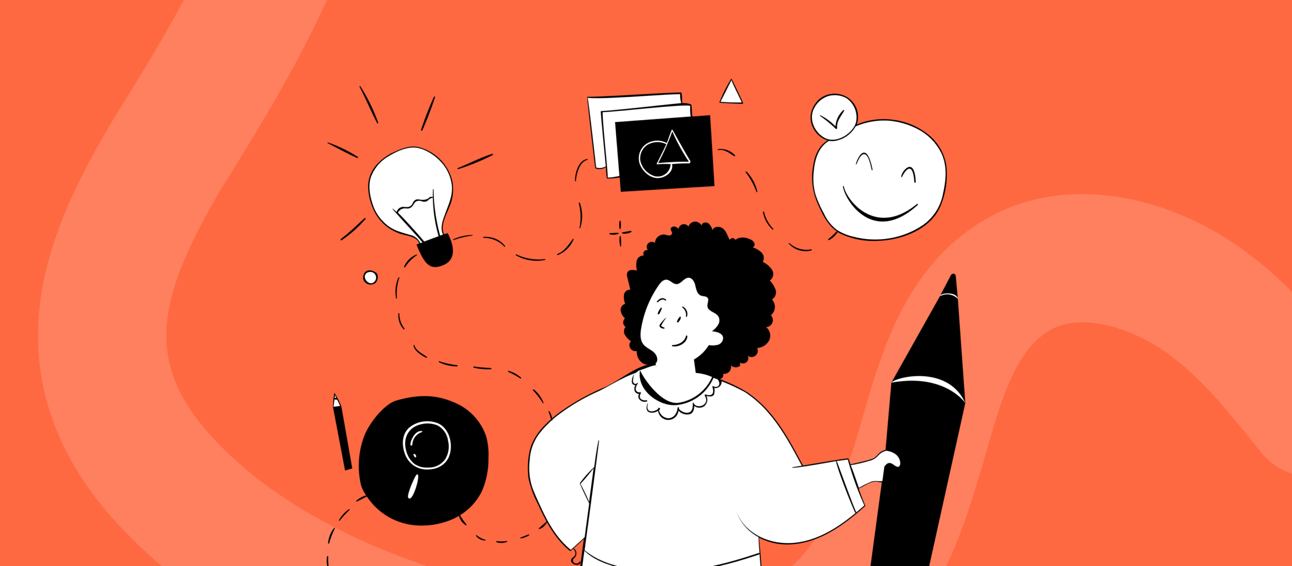 Ilustracja osoby pracującej nad kreacją reklamową, otoczonej ikonami pomysłu, analizy i pozytywnej reakcji, symbolizująca strategiczne projektowanie reklam jako ważnego sygnału dla algorytmu Meta Ads.
