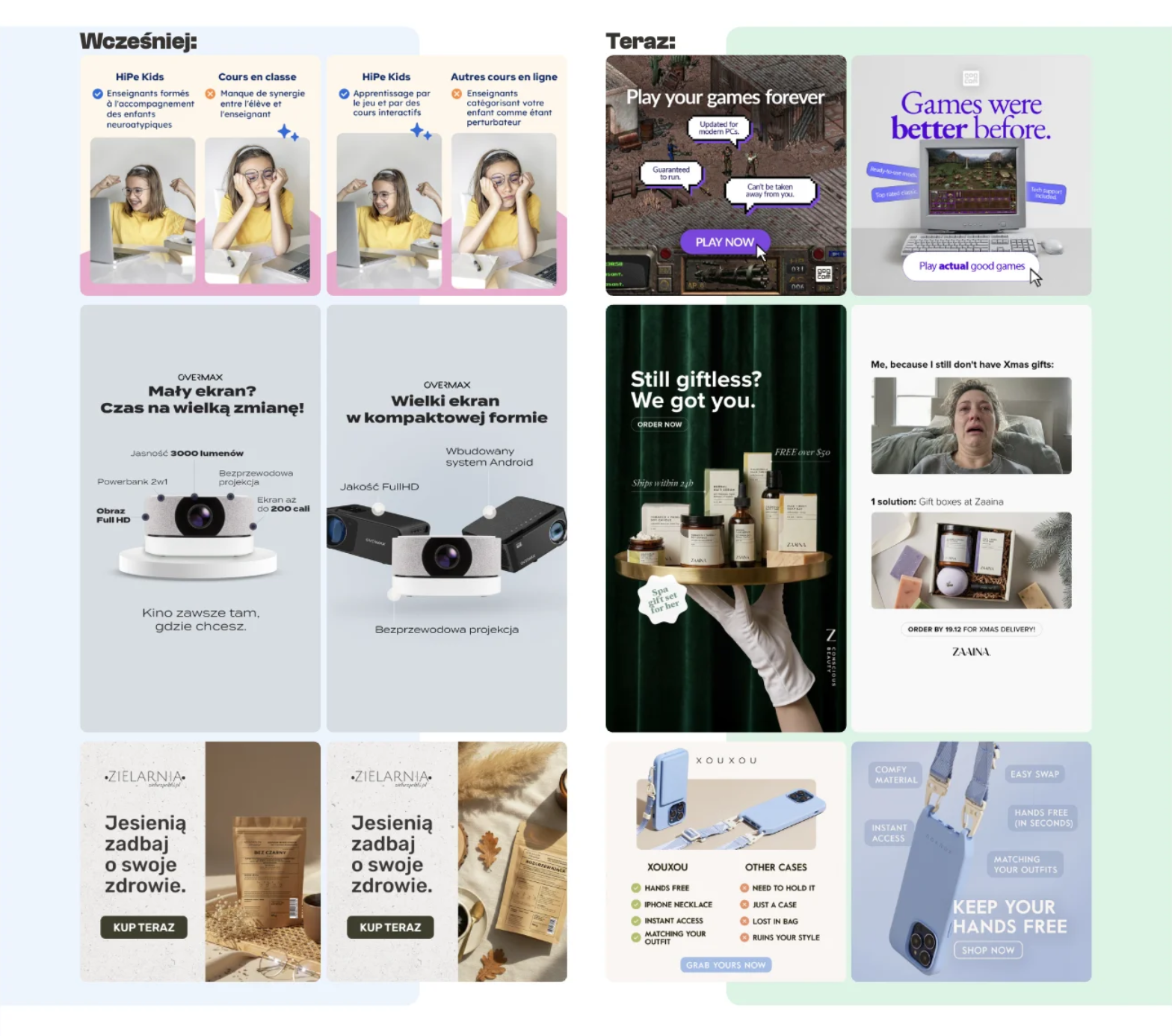 Porównanie dawnych i współczesnych kreacji reklamowych Meta Ads: po lewej statyczne grafiki oparte na podobnym układzie i prostym komunikacie produktowym, po prawej bardziej zróżnicowane formaty, style i kąty komunikacji dopasowane do różnych odbiorców.