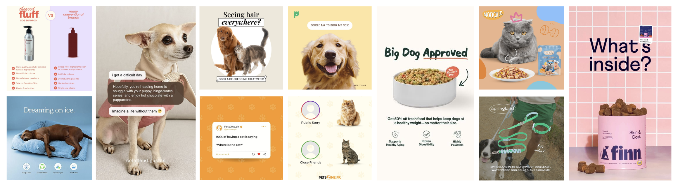 Zestaw różnorodnych kreacji reklamowych dla marek zoologicznych, pokazujący różne kąty komunikacji: porównanie produktu, lifestyle, humor, social proof, komunikat problem–rozwiązanie, prezentację benefitów oraz wyróżnienie składu produktu.