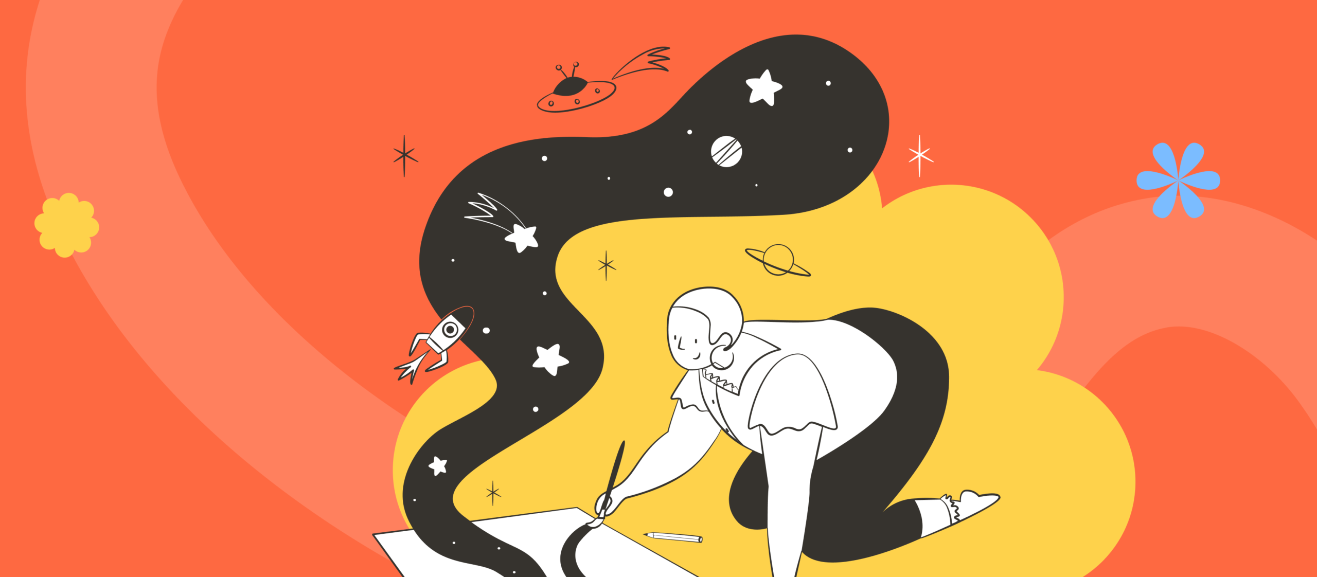 Grafika przedstawia ilustrację osoby klęczącej nad kartką papieru i rysującej lub zapisującej pomysły. Wokół postaci unosi się abstrakcyjna, kosmiczna forma przypominająca galaktykę lub strumień kreatywności, wypełniona gwiazdami, planetami, rakietą i innymi elementami nawiązującymi do wyobraźni oraz odkrywania nowych idei. Całość utrzymana jest w charakterystycznym, ilustracyjnym stylu z kontrastowym połączeniem pomarańczowego, żółtego i czarnego tła oraz prostych, minimalistycznych form. Grafika symbolizuje proces twórczy, kreatywność i generowanie nowych pomysłów — od pierwszej koncepcji po rozwijanie wizji i eksperymentowanie z ideami.