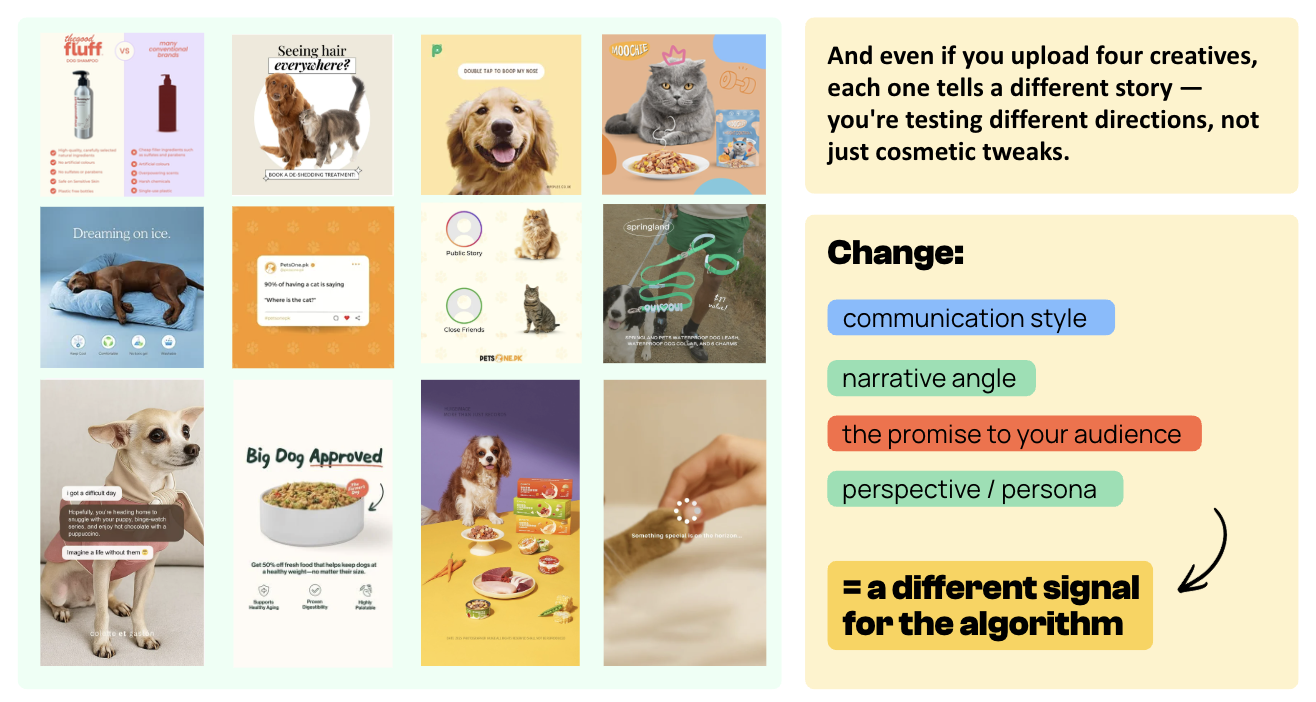 Infographic showing that different ad creatives should test distinct communication directions — such as style, narrative, the promise to the audience, and perspective.