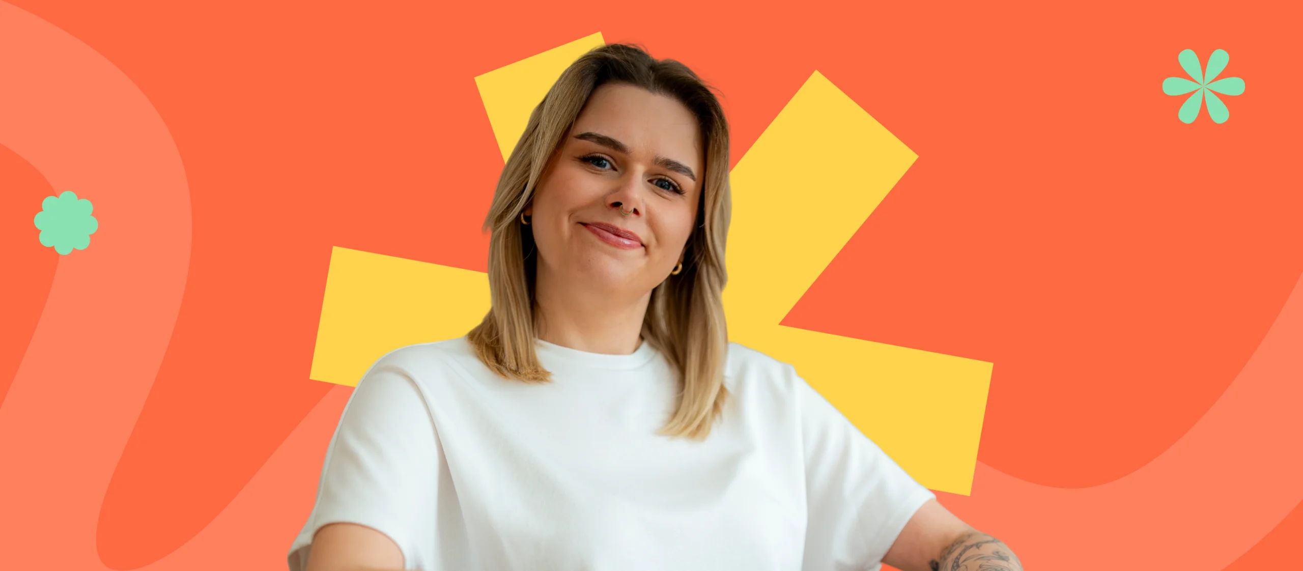 Portrait of Agnieszka Rapacz, Creative Strategist at MTA Digital and author of the article, on an orange background with yellow graphic elements.