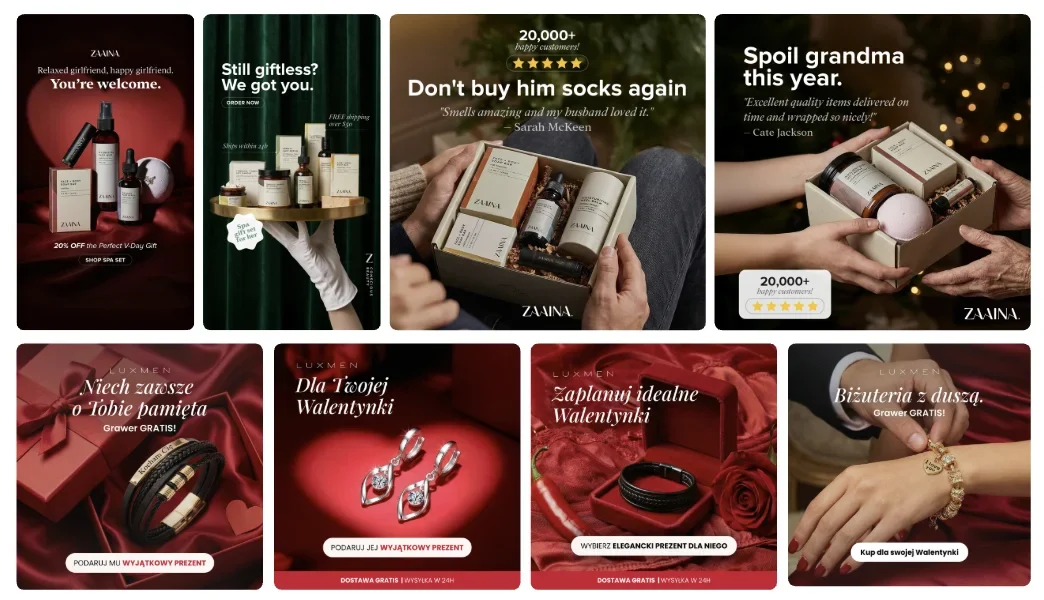A set of creatives prepared with AI, showing the variation of messages and ad formats for seasonal campaigns.