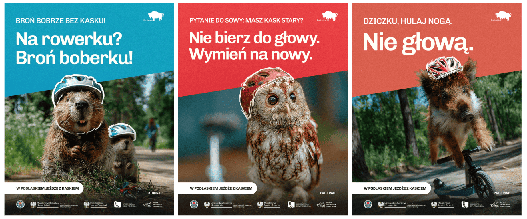 Kampania Województwa Podlaskiego „W Podlaskiem jeżdżę z kaskiem" z trzema plakatami przedstawiającymi zwierzęta w kaskach rowerowych — bobra, sowę i dzika — oraz humorystyczne, rymowane hasła zachęcające do jazdy w kasku