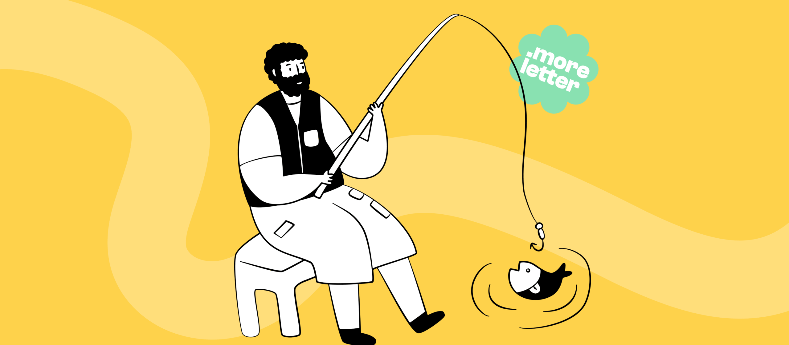 Ilustracja wędkarza łowiącego rybę na haczyk z logo .more letter — wizualna metafora hooka, który łapie uwagę odbiorcy