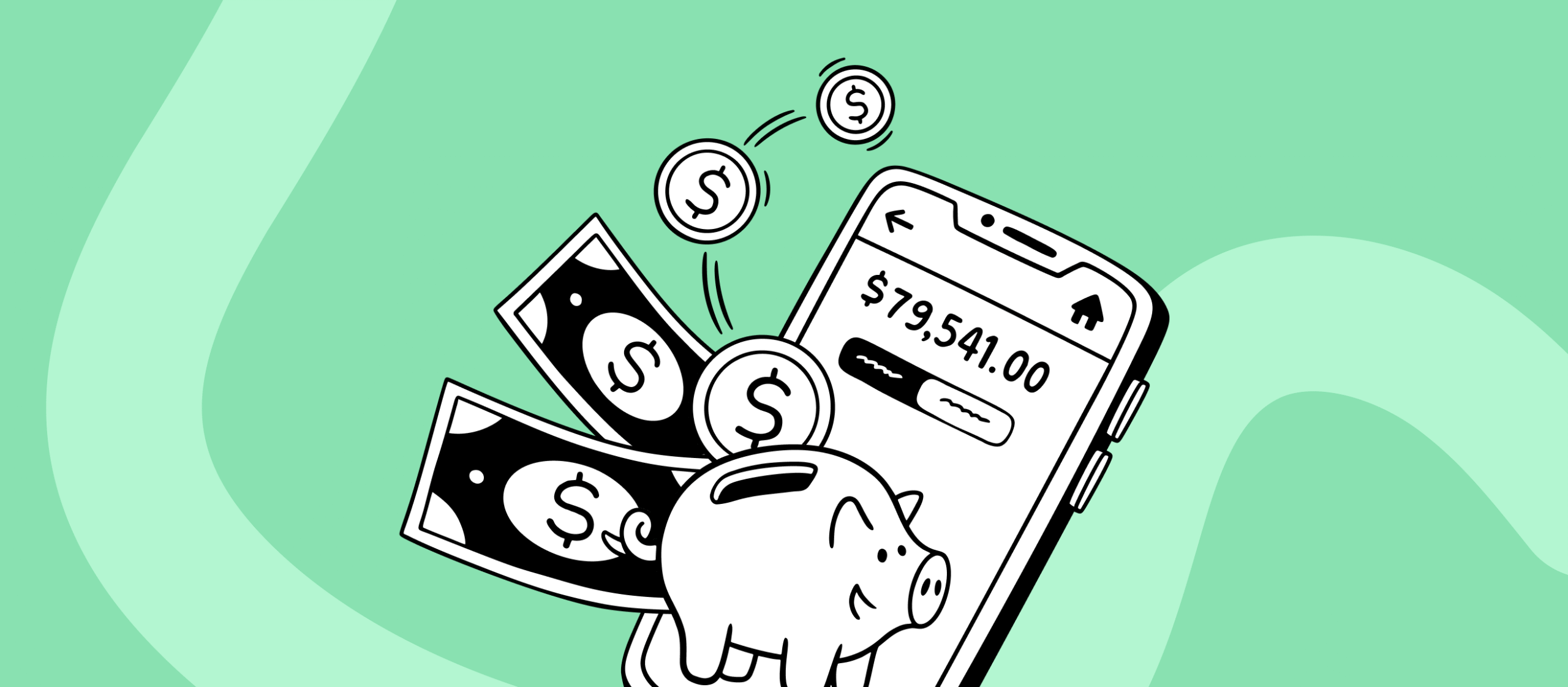 Czarno-biała ilustracja smartfona z saldem 79 541 USD na ekranie, przed nim skarbonka-świnka, obok rozłożone banknoty i wpadające monety dolarowe — symbol obrotu i tego, ile realnie zostaje po kosztach na TikTok Shop.