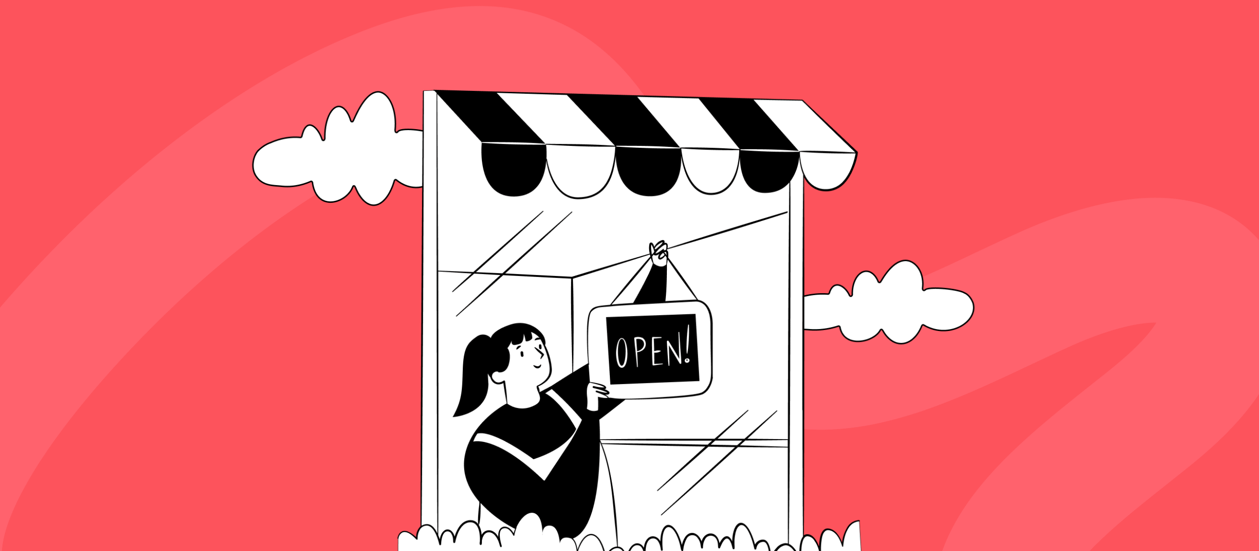 Czarno-biała ilustracja uśmiechniętej kobiety wieszającej tabliczkę „OPEN" w oknie stoiska z pasiastą markizą, na koralowym tle — symbol otwarcia sprzedaży na TikTok Shop.