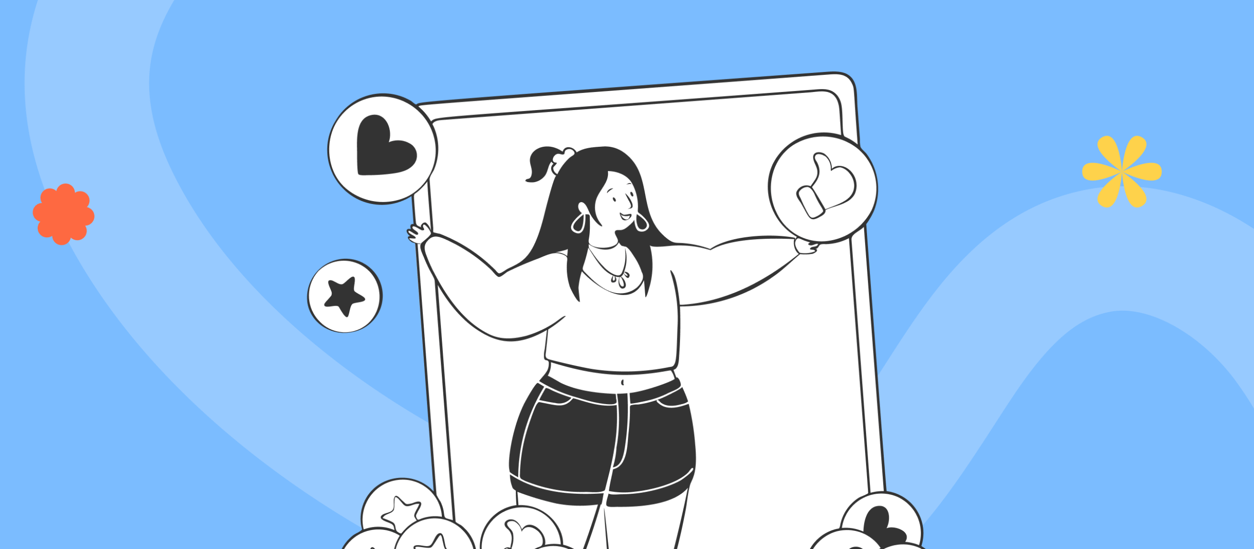 Twórczyni internetowa wychodzi z ekranu telefonu otoczona ikonami polubień, serc i gwiazdek — ilustracja afiliacji twórców na TikTok Shop.