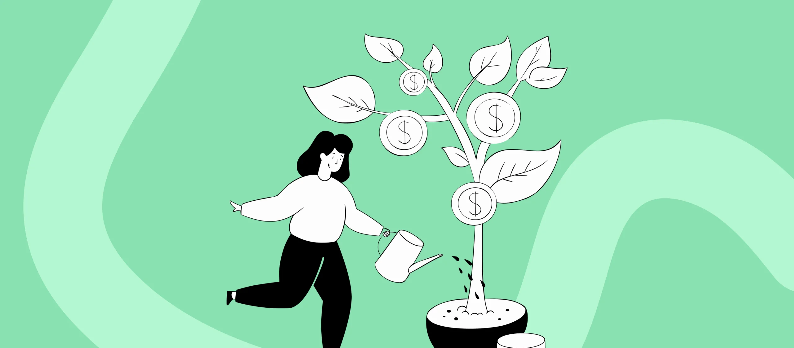 Ilustracja osoby podlewającej roślinę, na której zamiast owoców rosną monety z symbolem dolara – metafora modelu Performance i wpływu na własne zarobki