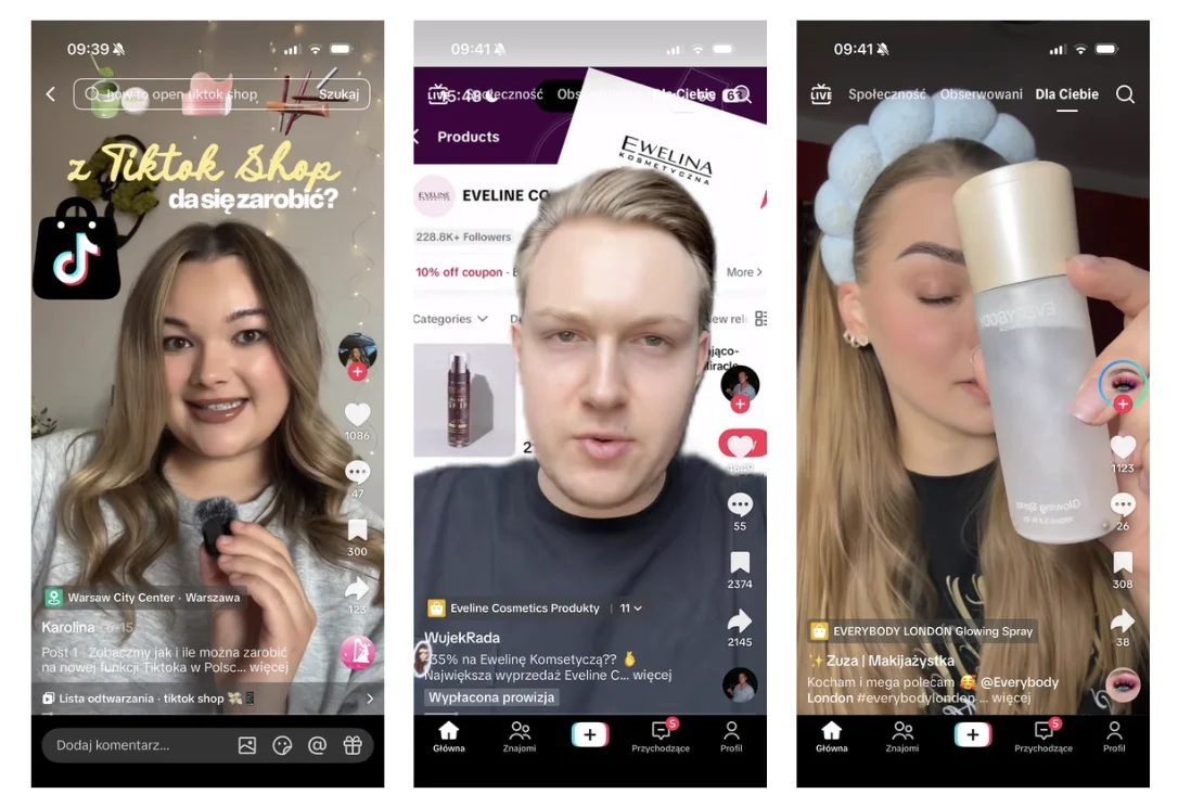Creator affiliate on TikTok Shop: creators recommending brands' products in videos, with a visible paid-commission note, a discount coupon and the shop's follower count.