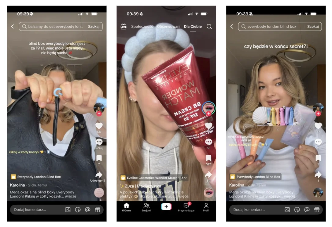 Creator affiliate on TikTok Shop: creators showcasing brands' products in their videos with a tagged shopping basket and a prompt to tap, generating sales for a commission