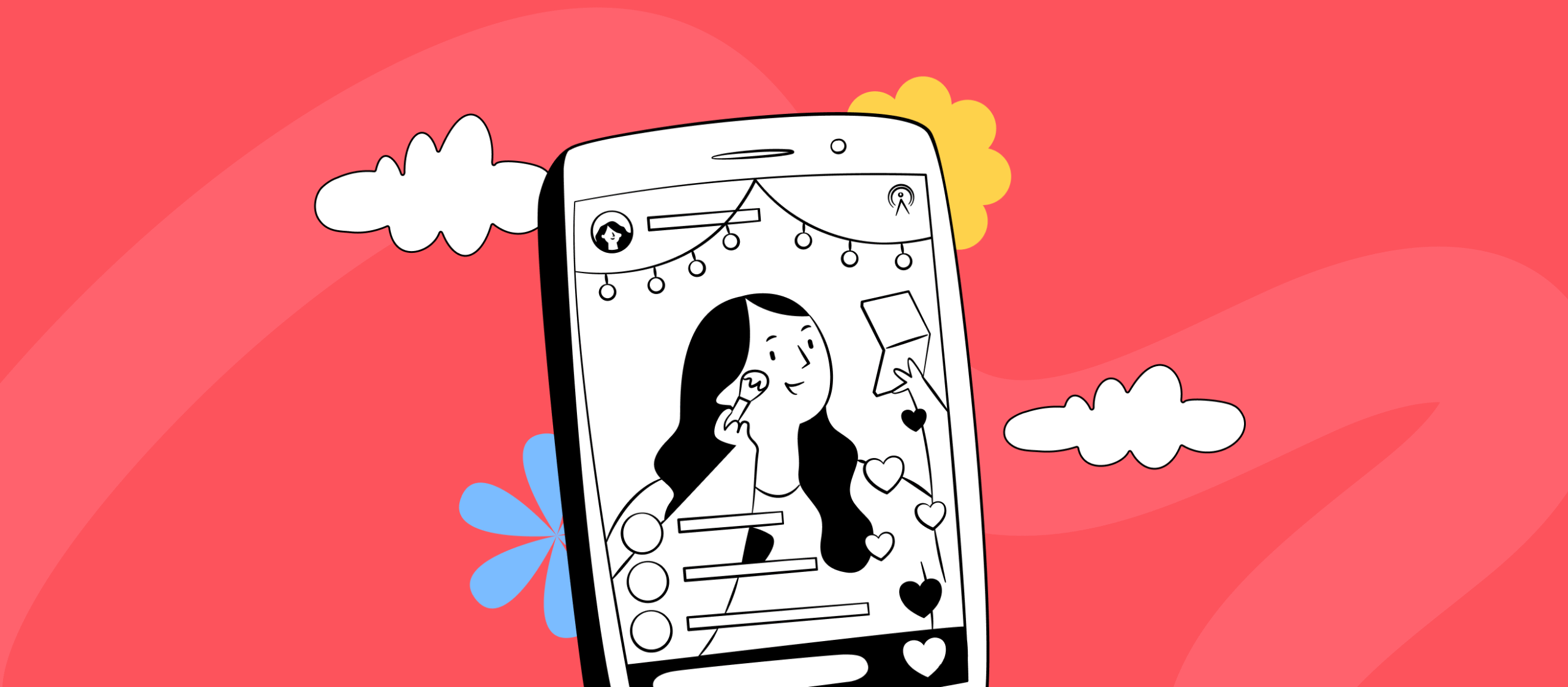 Illustration of a creator hosting a live stream on a phone screen, with a microphone, a broadcast icon, comments and floating hearts, representing live commerce on TikTok Shop.