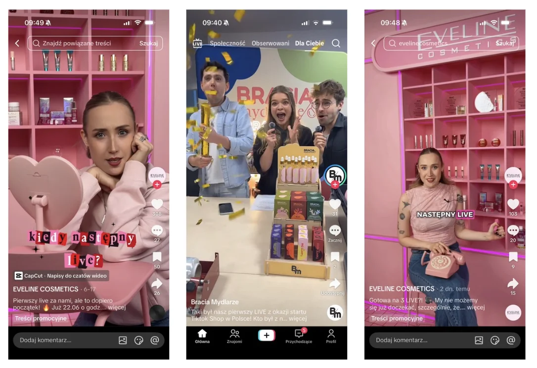 Live commerce on TikTok Shop: creators and brands hosting live streams with products in frame, upcoming-live announcements and promotional-content labels.