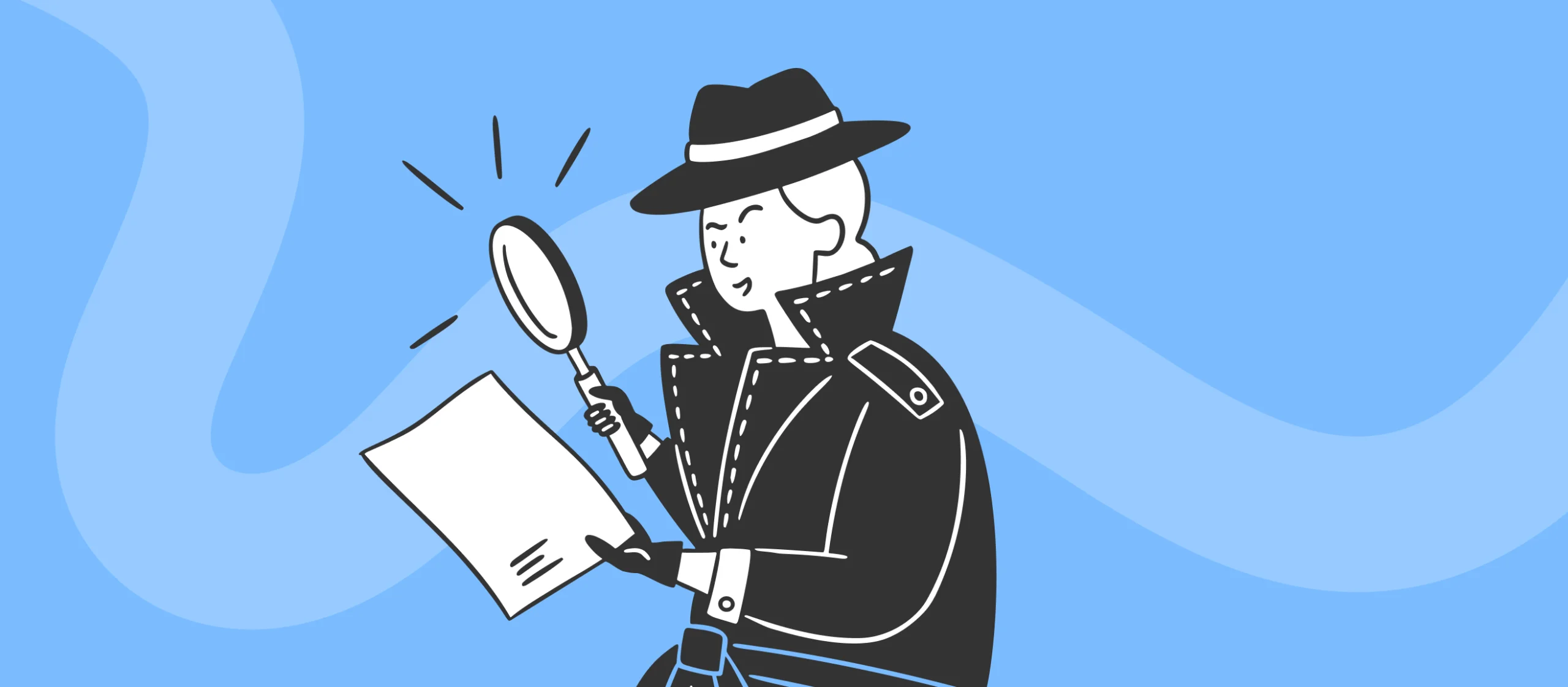 Ilustracja detektywa w kapeluszu i płaszczu, który przez lupę bada dokument – metafora transparentności i tego, że wszystko można sprawdzić
