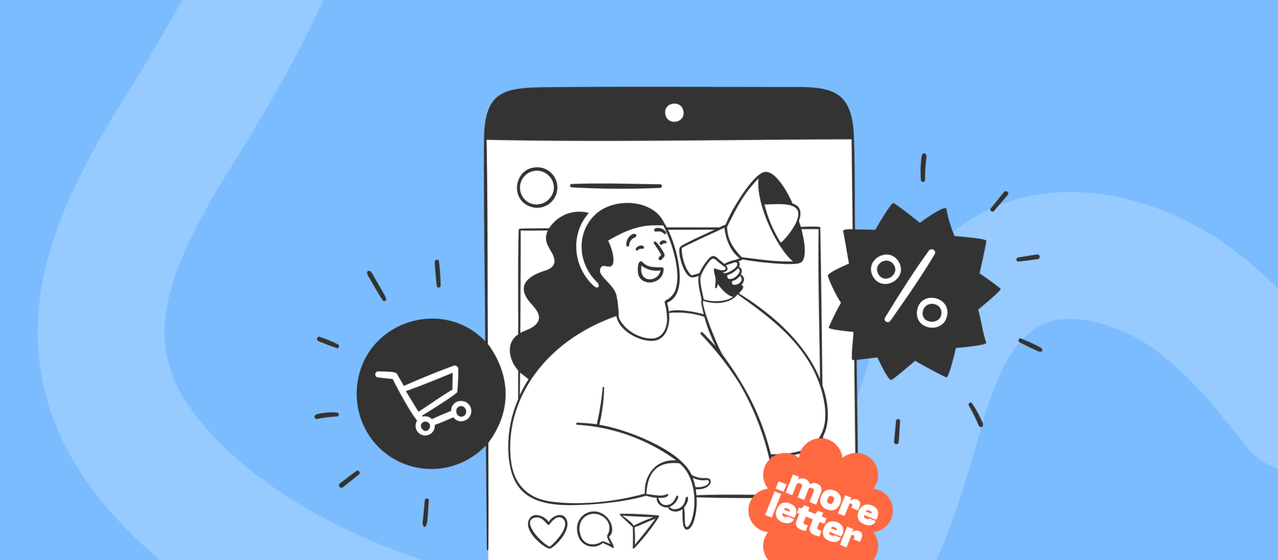 Ilustracja kobiety z megafonem na ekranie telefonu, obok ikona koszyka i znak procenta - live commerce na TikTok Shop