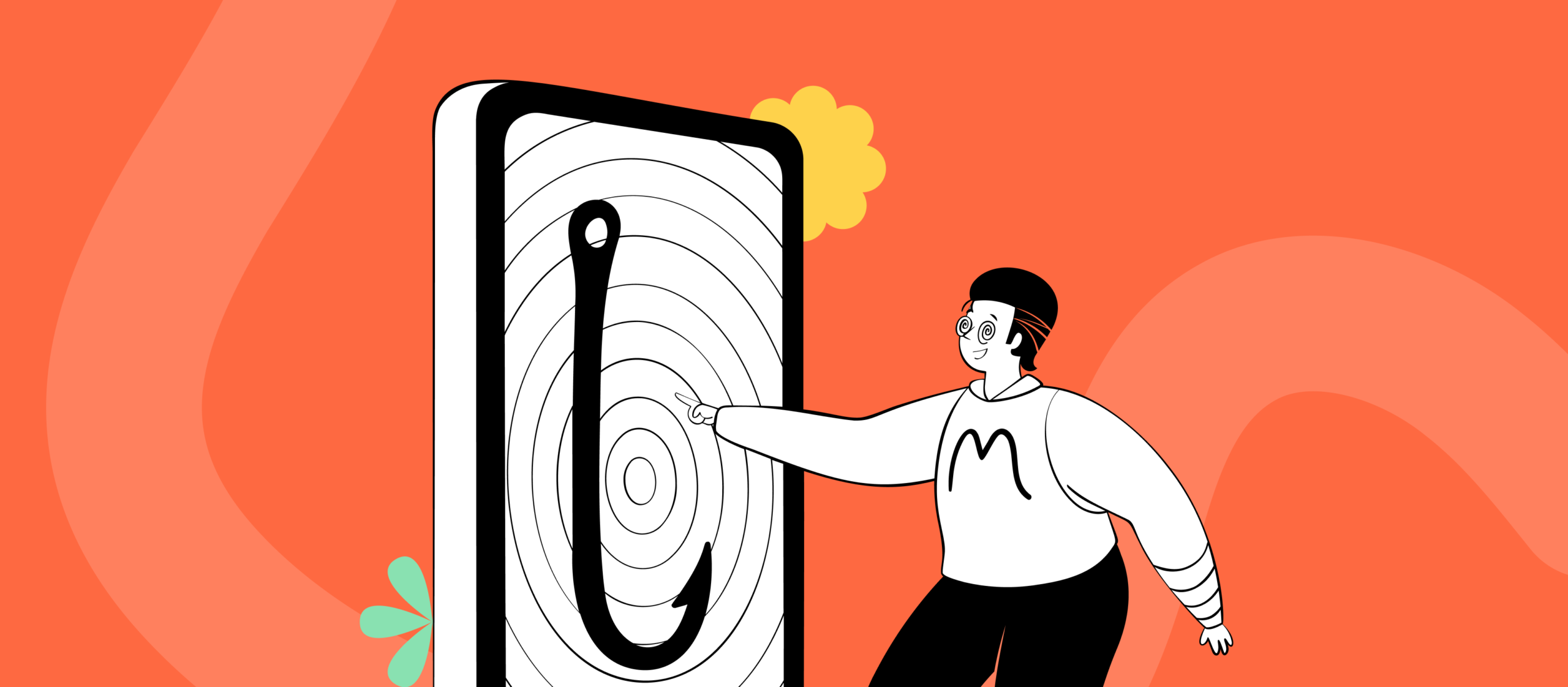 Meta One - płatne linki w postach na Instagramie, ilustracja smartfona z haczykiem i zahipnotyzowanej osoby.