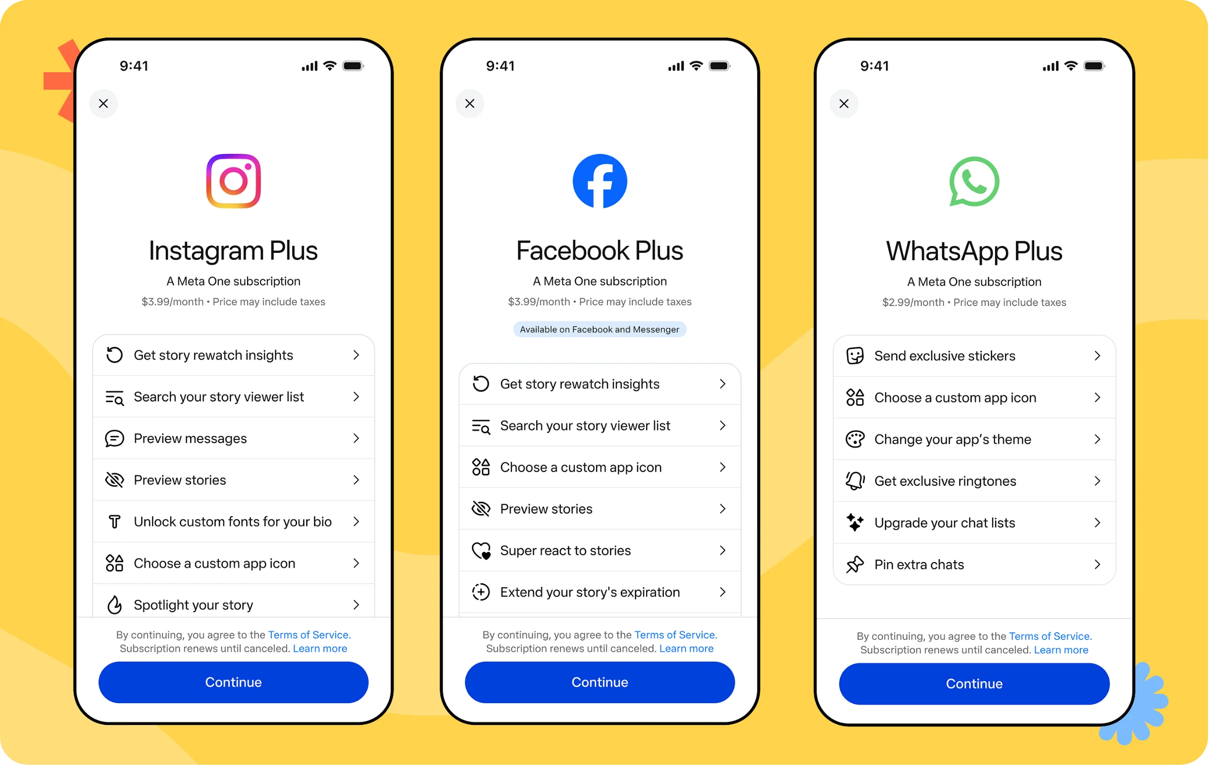 Meta One - subscription screens for Instagram Plus, Facebook Plus and WhatsApp Plus with prices and features for individual users