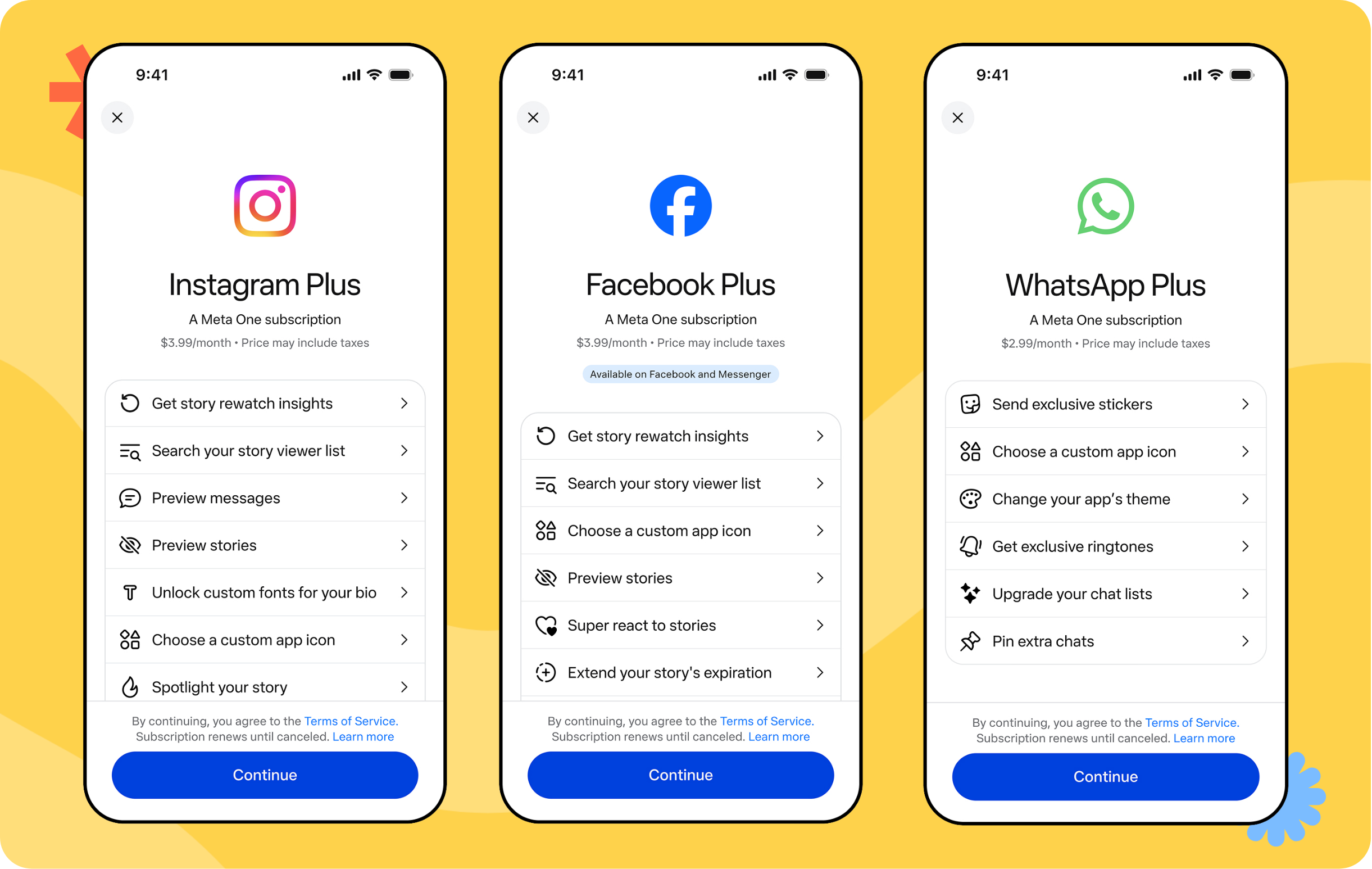 Meta One - ekrany subskrypcji Instagram Plus, Facebook Plus i WhatsApp Plus z cenami i listą funkcji dla użytkowników prywatnych