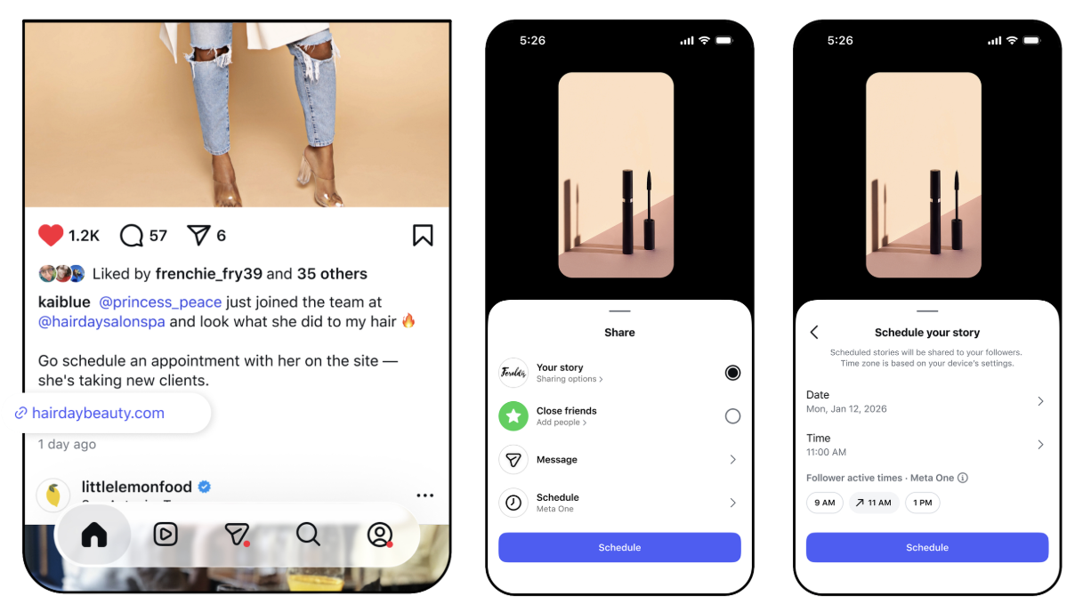 Meta One na Instagramie - klikalny link w opisie posta oraz planowanie stories z wyborem daty, godziny i aktywności obserwujących